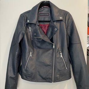 Tommy Hilfiger navy leather motorcycle jacket size small